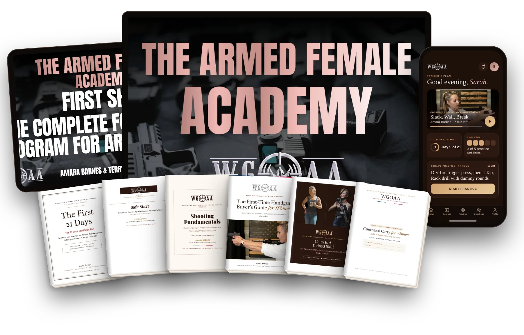 The Armed Female Academy on a laptop, tablet and phone, with its printed workbooks