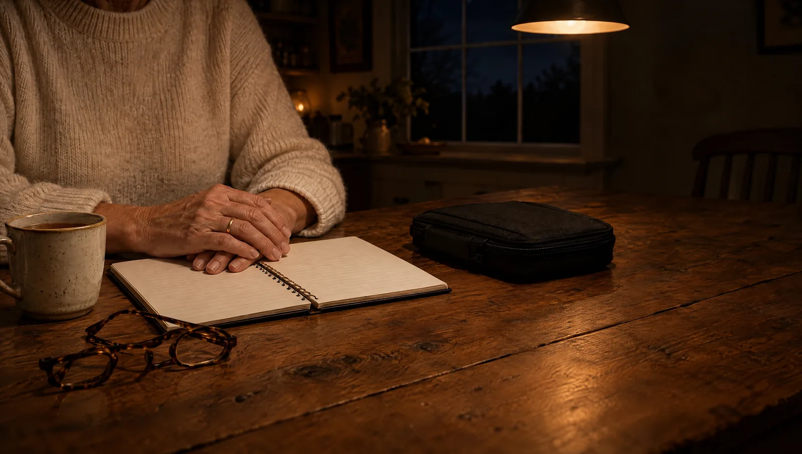 A woman's hands resting on an open notebook at a kitchen table at night