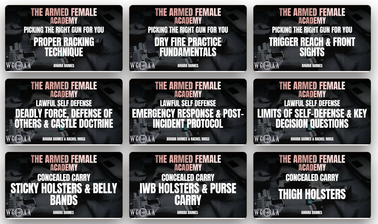 Nine lesson title cards from Picking the Right Gun for You, Lawful Self-Defense and Concealed Carry
