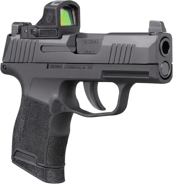 SIG Sauer P365 micro-compact 9mm pistol with a red dot optic, shown from the side