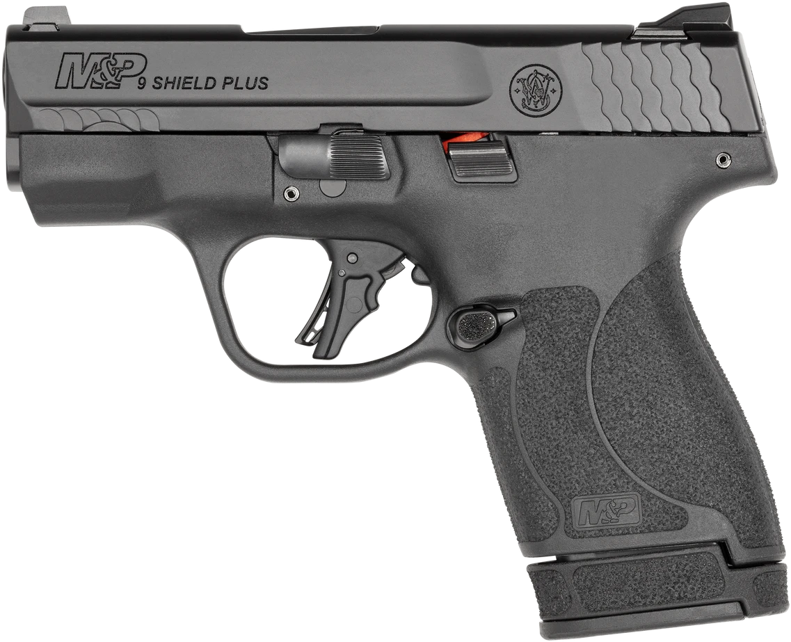 Smith & Wesson M&P9 Shield Plus 9mm pistol shown from the side with an extended magazine