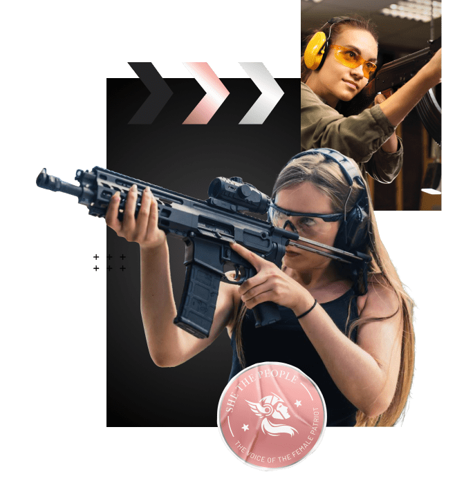 Two women at a shooting range, aiming firearms with focus and safety gear, featuring the 'She the People' logo for female empowerment.