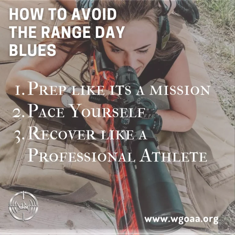 Woman aiming with a rifle, text: 'How to Avoid Range Day Blues' with 3 tips
