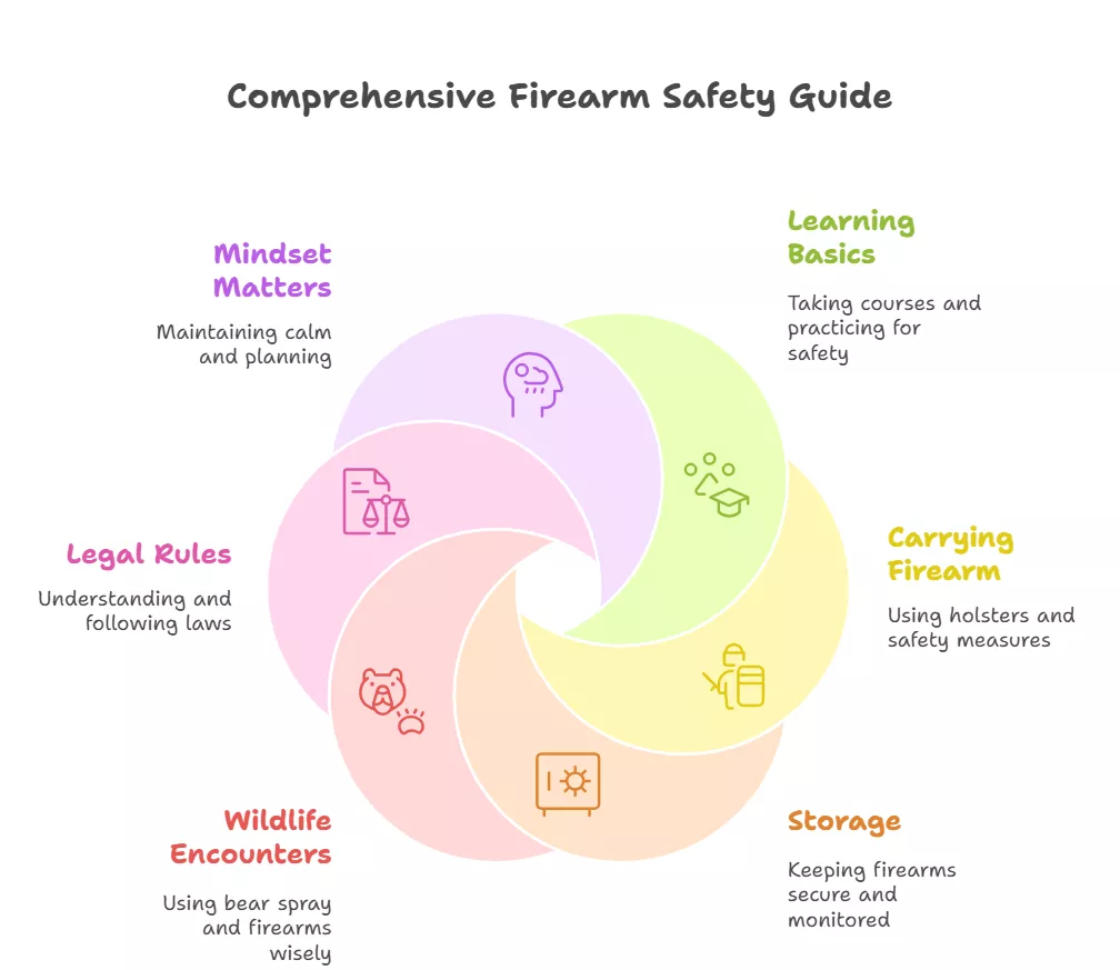 Firearm safety guide with key tips on mindset, training, carrying, storage, wildlife, and legal rules.