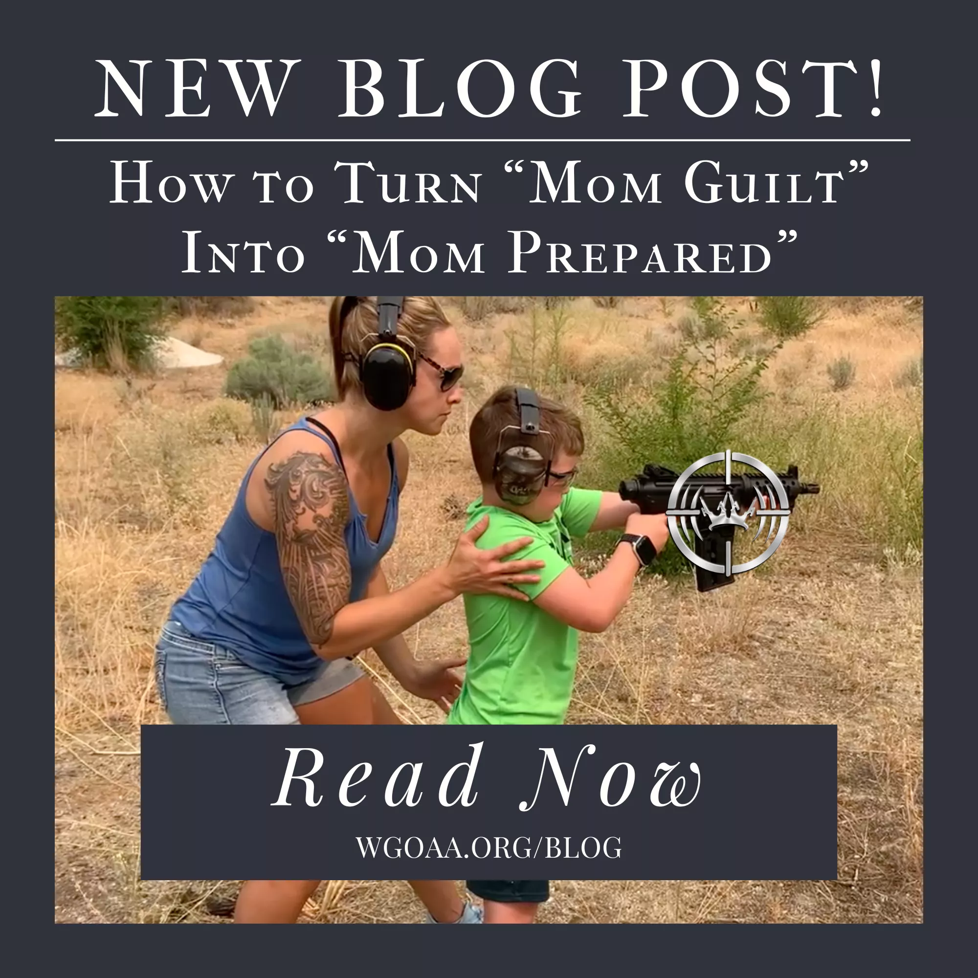 Mom teaching son gun safety outdoors, both wearing ear protection and safety glasses.