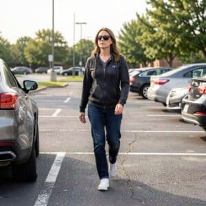 Woman walking through parking lot